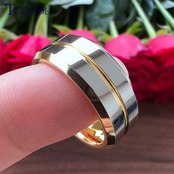 New Yellow Gold Color 6MM 8MM Center Groove Beveled Polished Finish Comfort Fit Tungsten Nice Engagement Wedding Rings for Men and Women - The Jewellery Supermarket